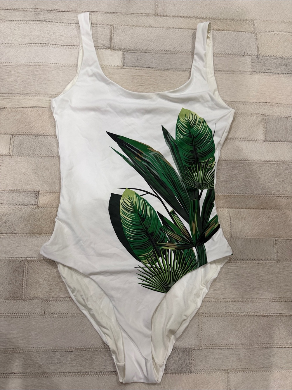Onia White One-Piece with Green Tropical Leaf Print swim